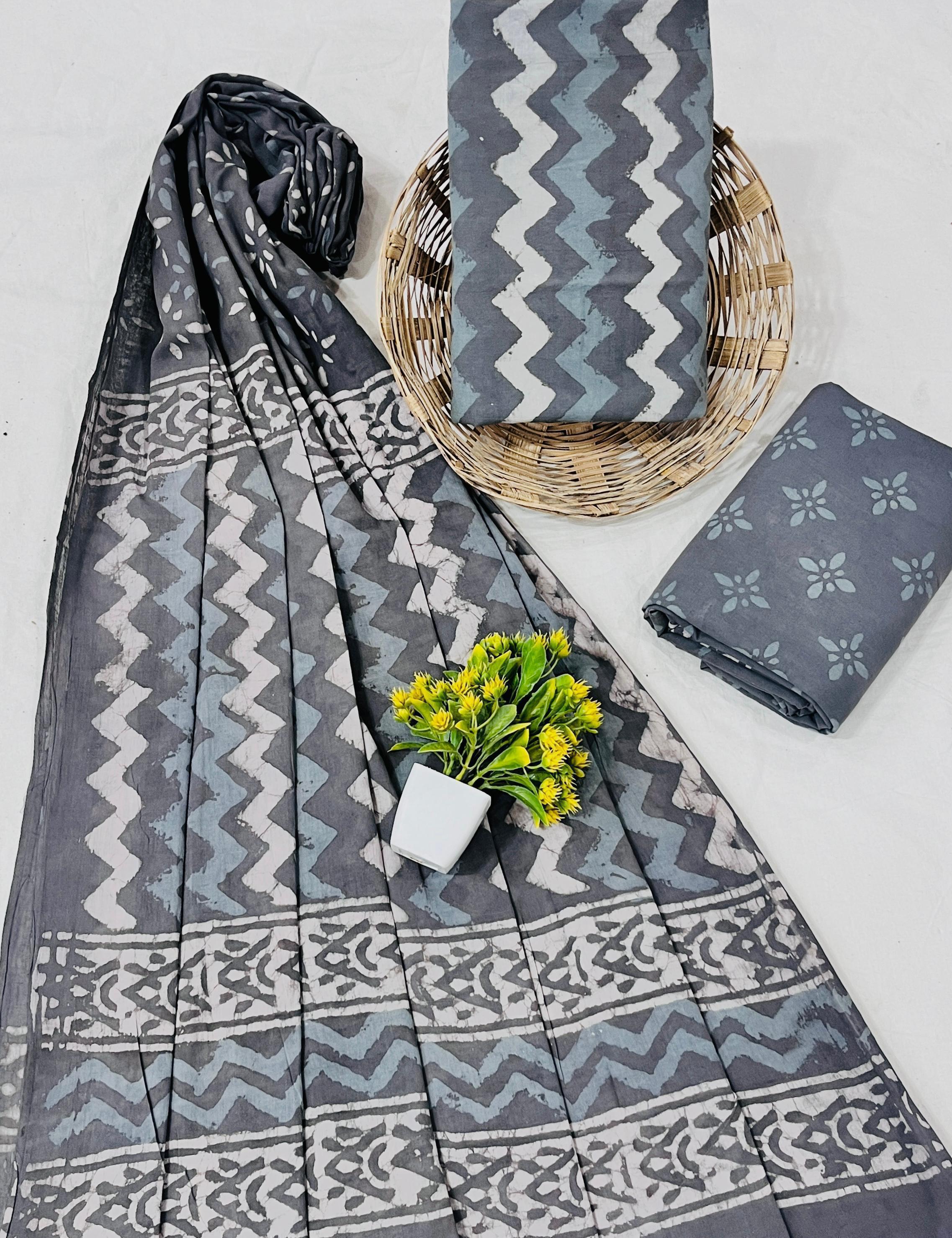 Wholesale Handblock Printed Cotton Mul Dress Material Set with Mul Dupatta – Grey Color, Artisan-Crafted in Rajasthan for Designers, Boutiques, and Bulk Orders
